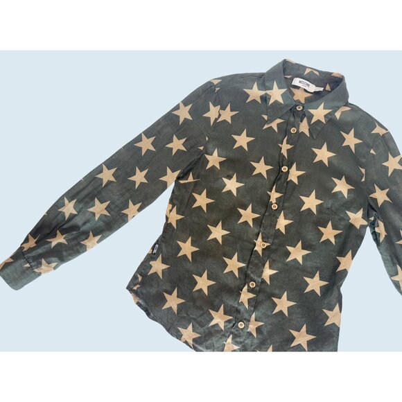MOSCHINO Jeans Army Green Tan Star Full Button Top Blouse Size Small - Picture 4 of 8